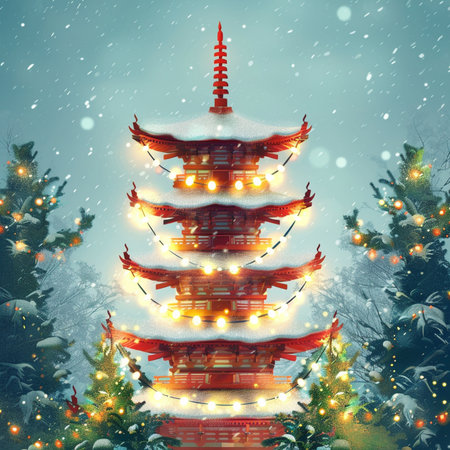 Pagoda in the winter forest with garlands. Digital painting.の素材
