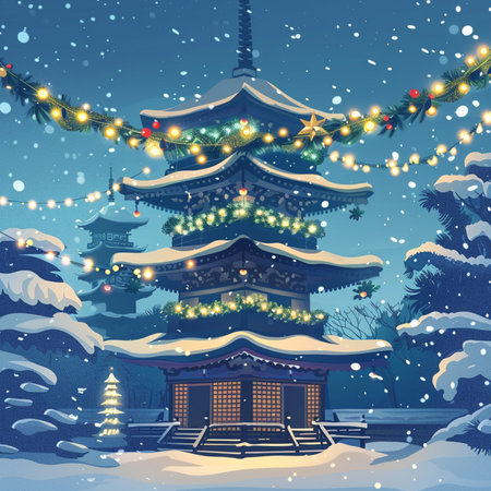 Pagoda in the winter forest with Christmas lights. Vector illustration.の素材