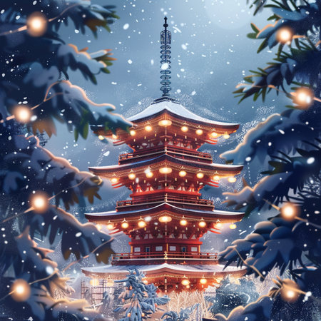 Pagoda in winter forest at night, 3D illustration.の素材