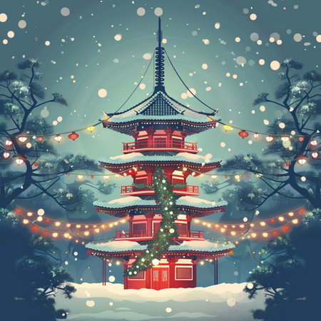 Pagoda with Christmas tree in winter forest. Vector illustration.の素材