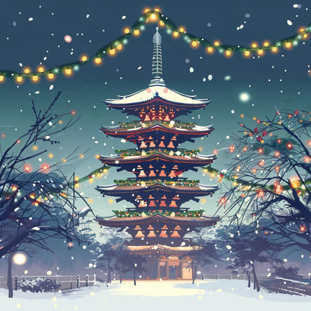 Pagoda with Christmas tree in the park. Vector illustration.の素材