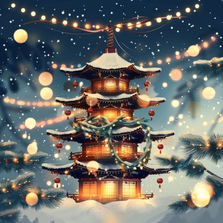 Christmas tree with lanterns and Chinese temple in the winter forestの素材