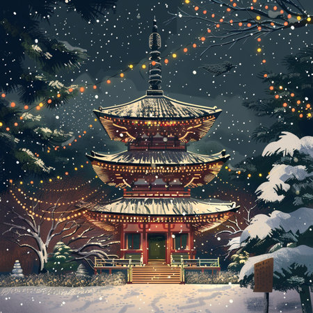Pagoda in the winter forest at night. Vector illustration.の素材