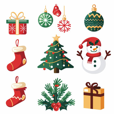 Christmas icons set. Christmas tree, snowman, sock, gift boxes, snowflakes. Vector illustrationのイラスト素材