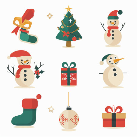Christmas icons set with snowman, snowman, christmas tree, gift box, snowman vector illustrationのイラスト素材