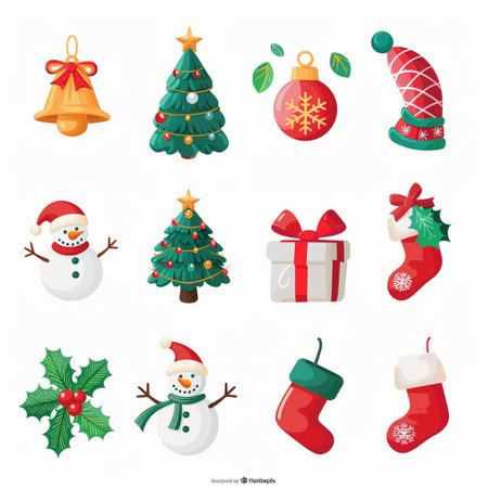 Christmas and New Year icon set. Christmas tree, snowman, bell, sock, gift. Vector illustration.のイラスト素材