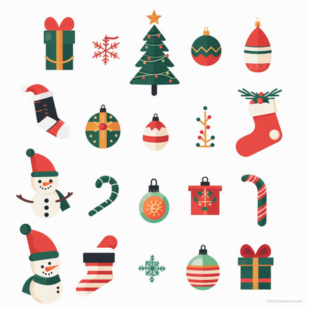 Christmas and New Year flat icons set with snowman, christmas tree, sock, candy cane, snowflakes and other elements. Vector illustration.のイラスト素材