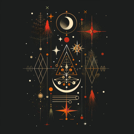 Vector illustration with Christmas tree, stars and snowflakes on black background.のイラスト素材