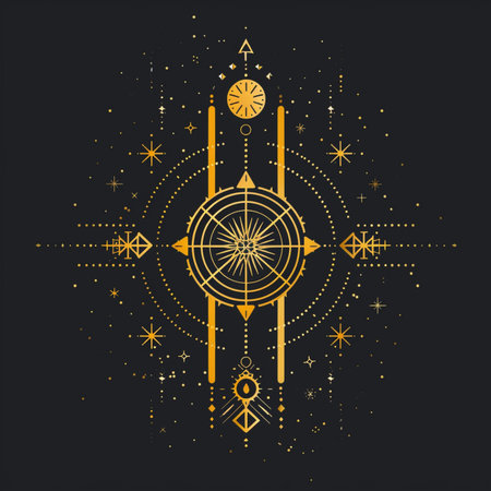 Vector illustration with sacred geometry symbol on black background. Abstract mystic sign. Gold linear shape. For you design, tattoo or magic craft.のイラスト素材