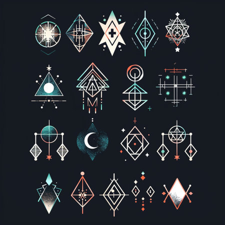 Vector set of geometric symbols and ornaments in vintage style.のイラスト素材