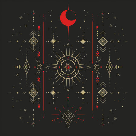 Vector illustration with hand drawn sacred geometry elements on black background. Boho style.のイラスト素材