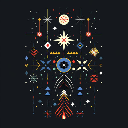 Colorful vector illustration with native american indian symbols and stars.のイラスト素材