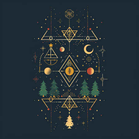 Vector illustration of Christmas greeting card with golden Christmas tree, stars and snowflakes on black background.のイラスト素材