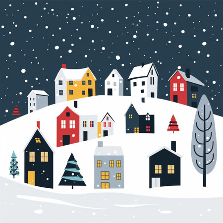 Winter village with houses, trees and snowflakes. Vector illustration.のイラスト素材