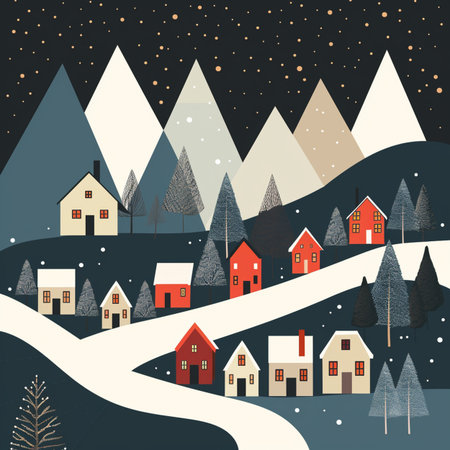 Winter landscape with cute houses and snowflakes. Vector illustration.のイラスト素材