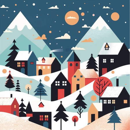 Winter village landscape. Vector illustration in flat style. Christmas card.のイラスト素材
