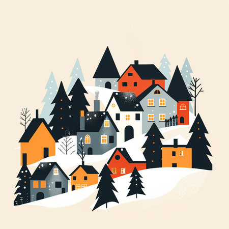 Winter village landscape. Vector illustration in flat design style. Christmas card.のイラスト素材