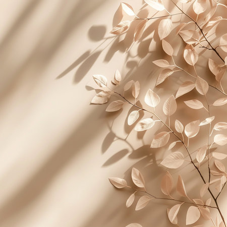 Creative layout made of beige leaves on beige background. Flat lay, top view minimal concept.の素材