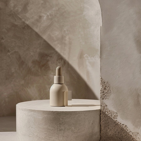 3d render of beige cosmetic bottlele podium with shadow.の素材