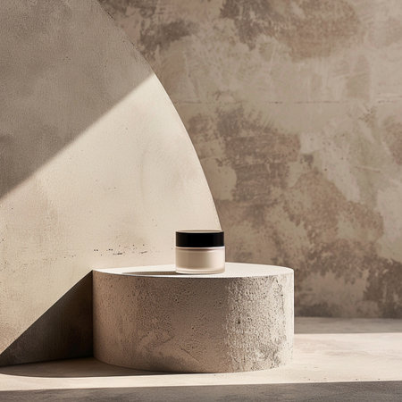 3d render of white cream jar on concrete podium against concrete wallの素材