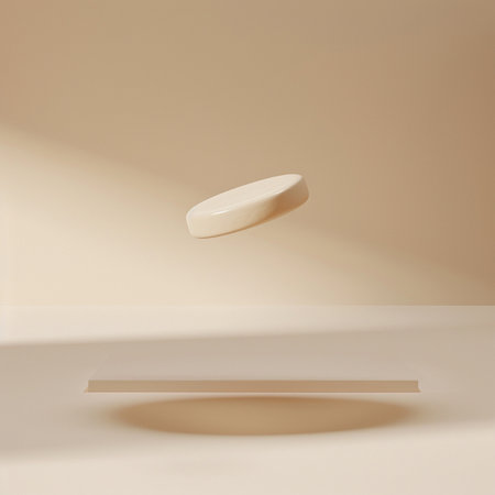 3d rendering of white podium on beige background with shadow.の素材
