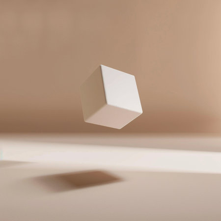 3d rendering, white geometric cube on a beige background.の素材