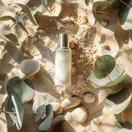 Flat lay composition with cosmetic bottle and eucalyptus leaves on sandの素材