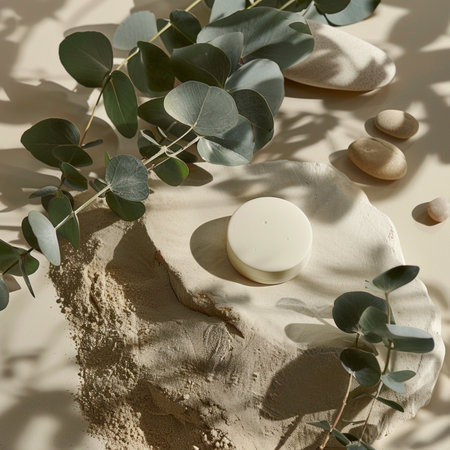 Flat lay composition with cosmetic products and eucalyptus branches on sand. Beauty, spa concept.の素材