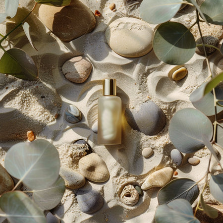 Cosmetic bottle on the sand with eucalyptus leavesの素材