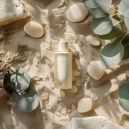 top view of cosmetic bottle on sand with eucalyptus branchesの素材