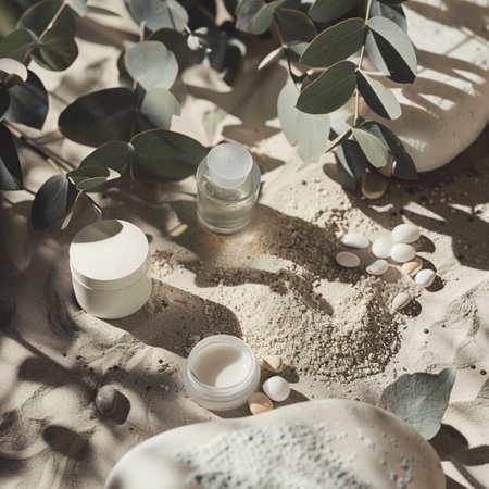 Cosmetic products on the sand with eucalyptus branchesの素材