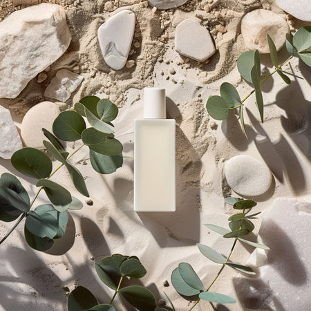 top view of white cosmetic bottle with eucalyptus leaves on sandの素材