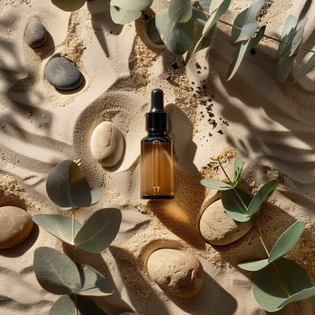 top view of glass dropper bottle with serum and eucalyptus leaves on sandの素材