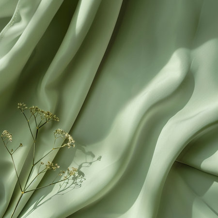 Luxury green satin fabric texture background with dried flowers.の素材