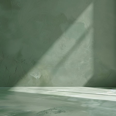 Empty room with green wall and sunlight, 3d rendering. Computer digital drawing.の素材