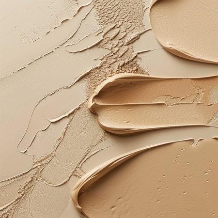 Liquid foundation smears on a beige background. Close-up.の素材