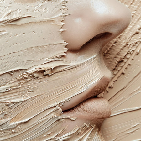 closeup portrait of beautiful young woman face with cosmetic cream on itの素材