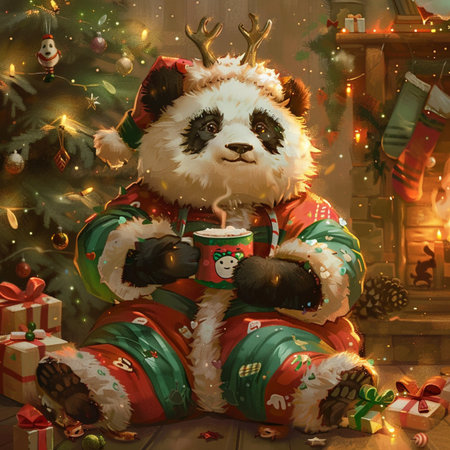 Cute panda bear in Santa Claus costume sitting on the floor near the Christmas tree with gifts and a cup of hot drinkの素材