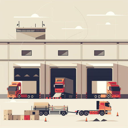 Warehouse with trucks and cars. Vector illustration in flat style.のイラスト素材