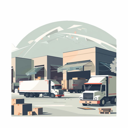 Warehouse with trucks. Vector illustration in flat design style. Delivery service.のイラスト素材