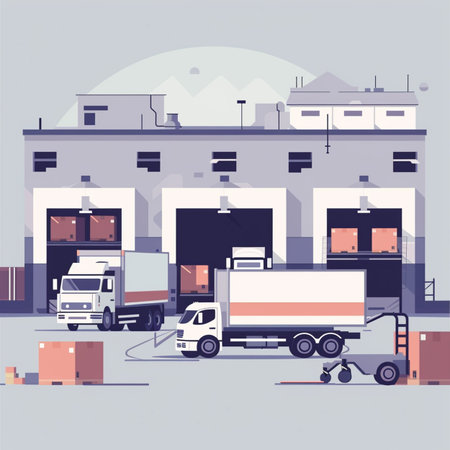 Warehouse with trucks and cars. Vector illustration in flat style.のイラスト素材