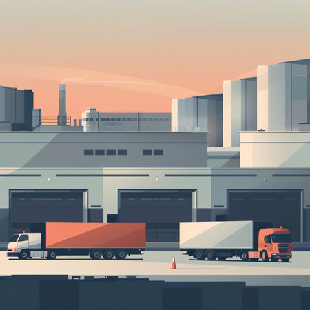 Industrial landscape with trucks and cars. Vector illustration in flat styleのイラスト素材