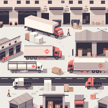 Logistics and transportation concept with trucks and containers in warehouse vector illustrationのイラスト素材