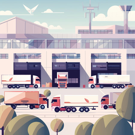 Trucks at the airport. Vector illustration in flat style.のイラスト素材