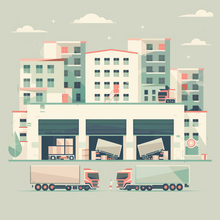 Warehouse building with trucks and cars. Flat style vector illustration.のイラスト素材