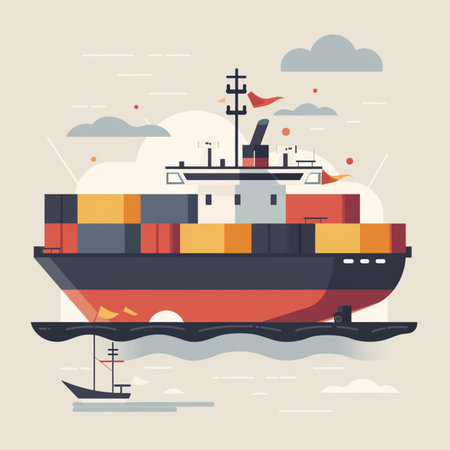 Cargo ship on the background of the sea. Flat vector illustration.のイラスト素材