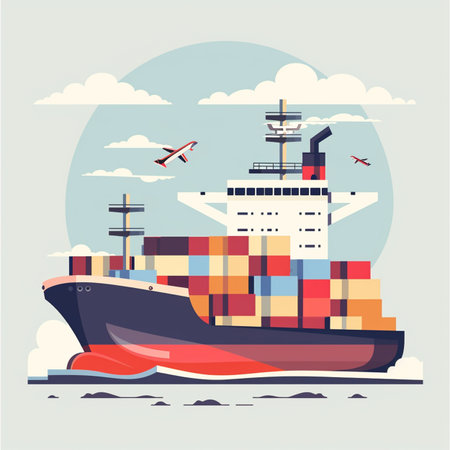 Cargo ship in the sea. Sea transportation. Vector illustration.のイラスト素材