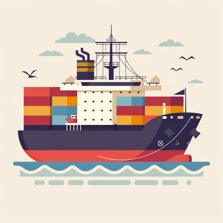 Cargo ship. Freight transportation. Vector illustration in flat styleのイラスト素材