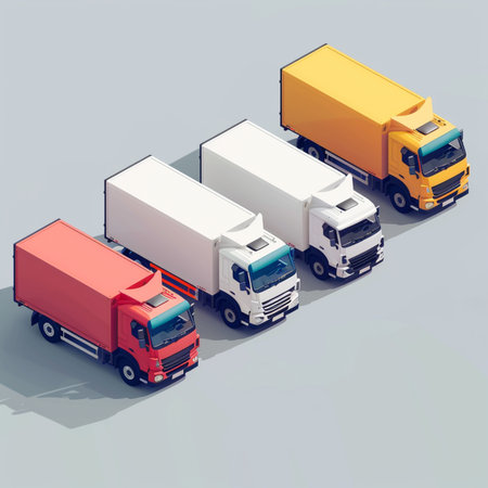 Trucks in a row on gray background. 3d renderingのイラスト素材