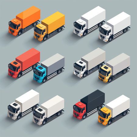 Set of different trucks isolated on gray background. 3d isometric vector illustration.のイラスト素材